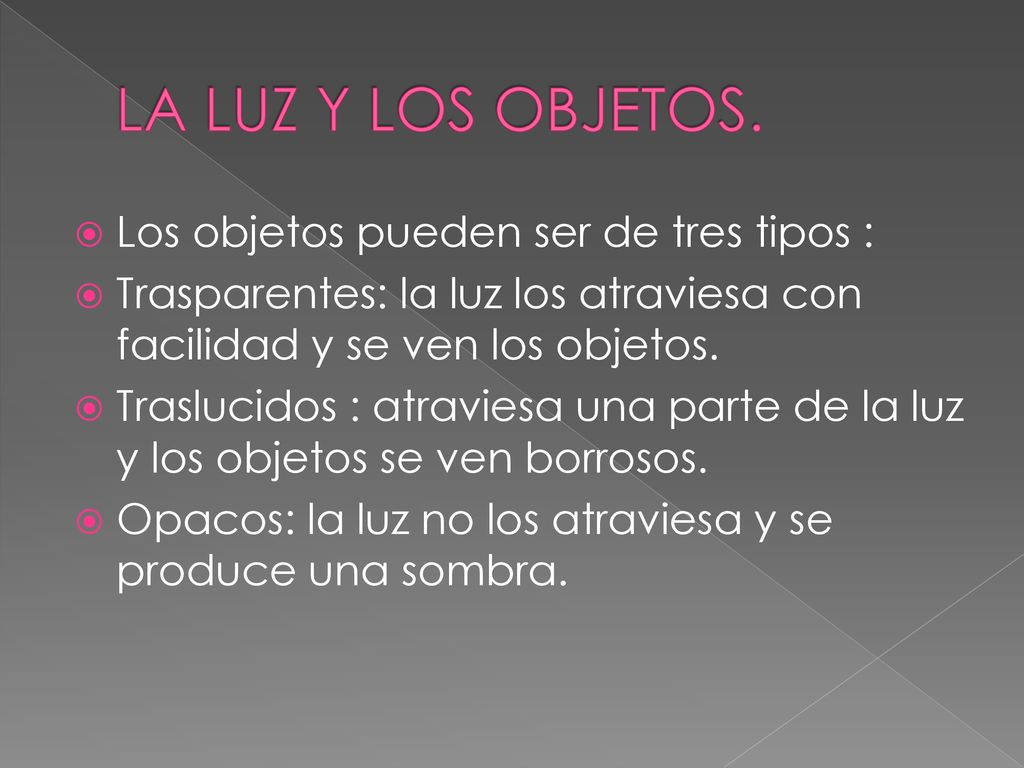 LA LUZ Y LOS OBJETOS. Los objetos pueden ser de tres tipos :