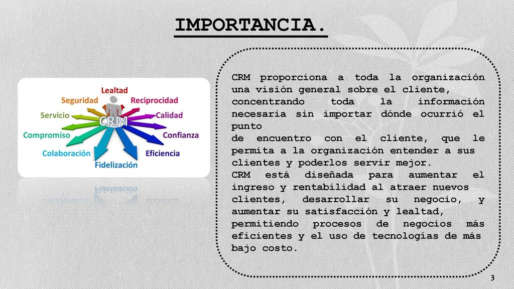 IMPORTANCIA. CRM proporciona a toda la organización una visión general sobre el cliente,