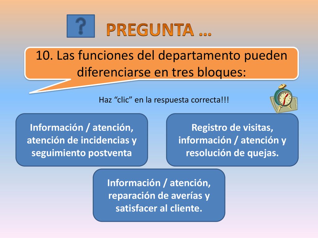 PREGUNTA … 10. Las funciones del departamento pueden diferenciarse en tres bloques: Haz clic en la respuesta correcta!!!