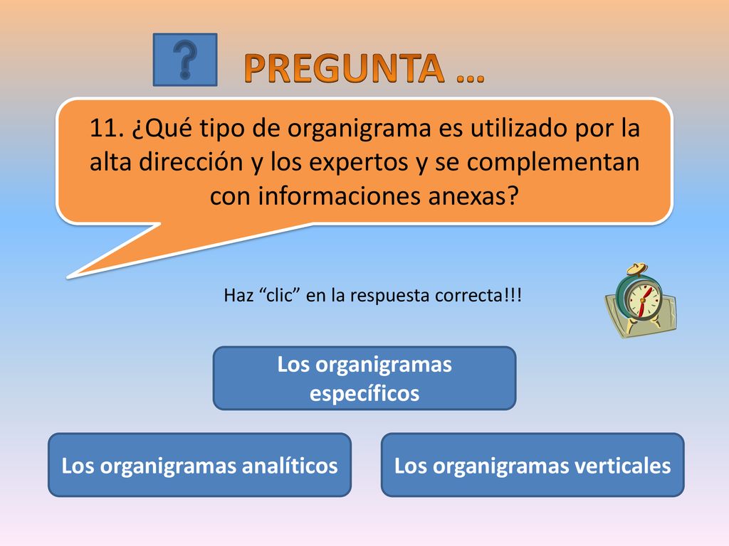 PREGUNTA … 11. ¿Qué tipo de organigrama es utilizado por la alta dirección y los expertos y se complementan con informaciones anexas