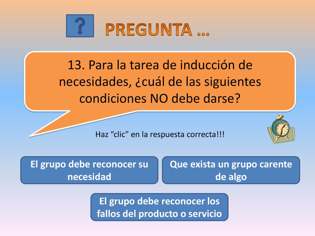 PREGUNTA … 13. Para la tarea de inducción de necesidades, ¿cuál de las siguientes condiciones NO debe darse