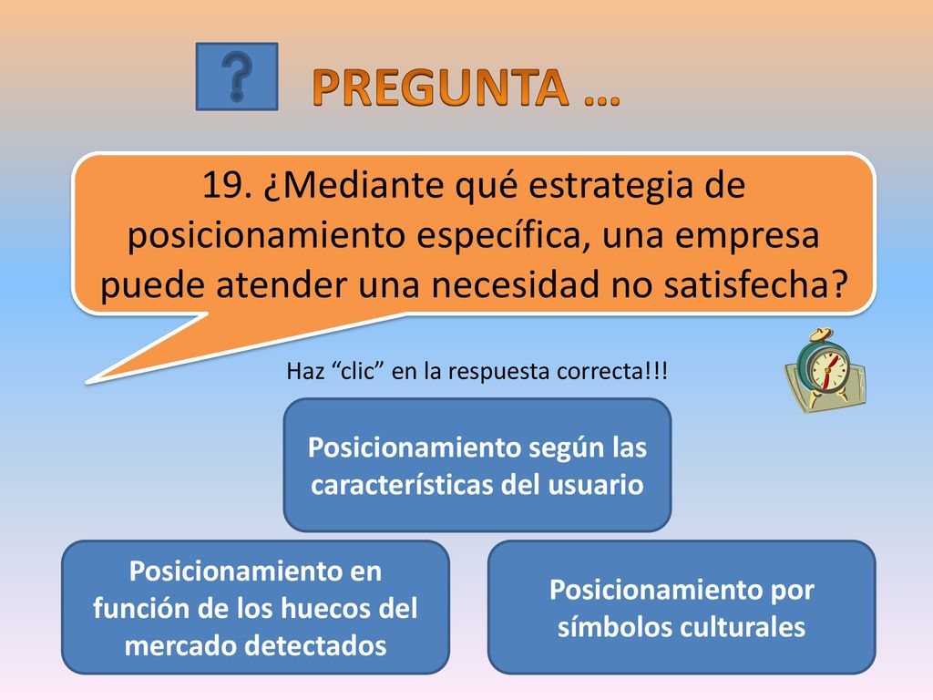 PREGUNTA … 19. ¿Mediante qué estrategia de posicionamiento específica, una empresa puede atender una necesidad no satisfecha