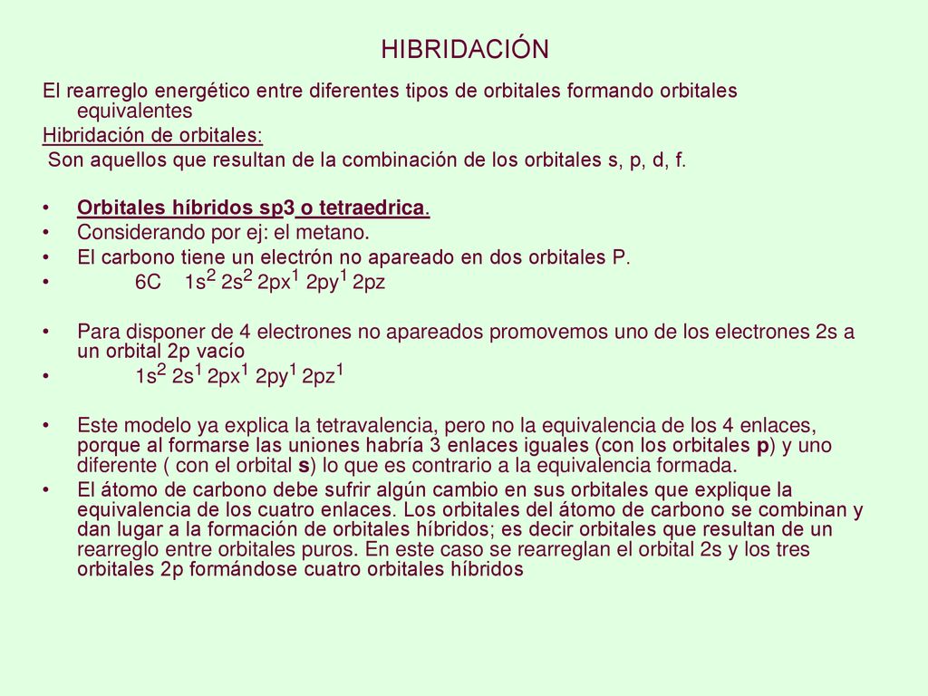 HIBRIDACIÓN El rearreglo energético entre diferentes tipos de orbitales formando orbitales equivalentes.