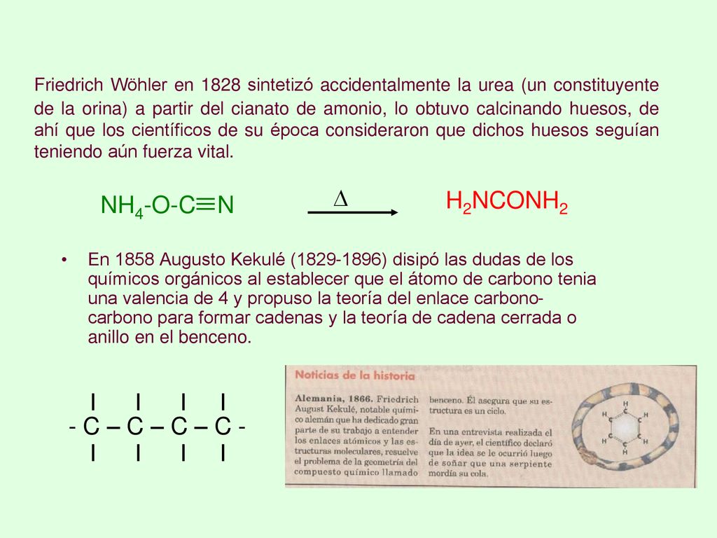 Friedrich Wöhler en 1828 sintetizó accidentalmente la urea (un constituyente de la orina) a partir del cianato de amonio, lo obtuvo calcinando huesos, de ahí que los científicos de su época consideraron que dichos huesos seguían teniendo aún fuerza vital.