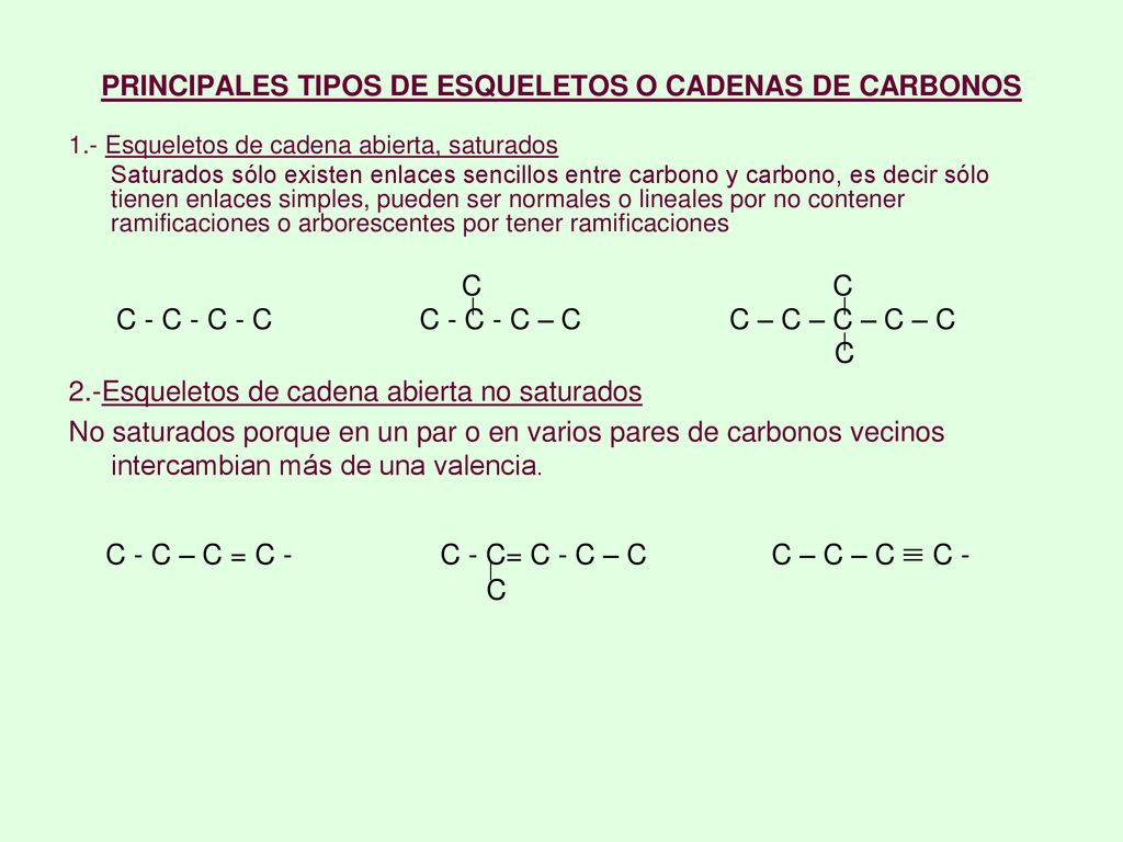 PRINCIPALES TIPOS DE ESQUELETOS O CADENAS DE CARBONOS