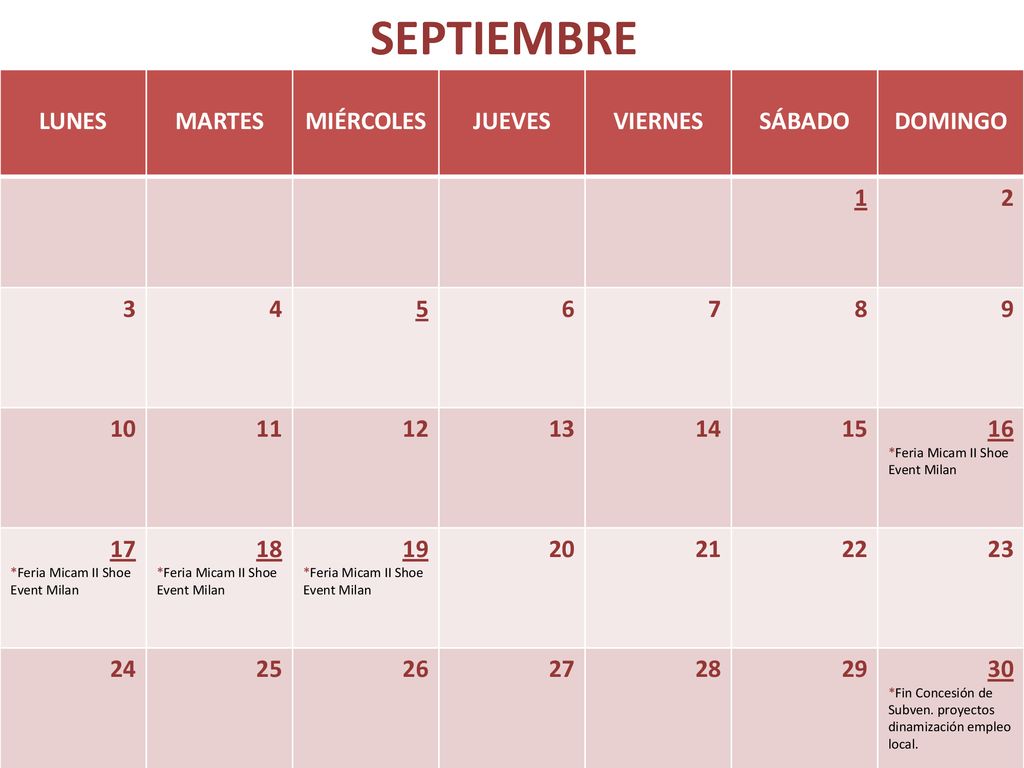 SEPTIEMBRE LUNES MARTES MIÉRCOLES JUEVES VIERNES SÁBADO DOMINGO 1 2 3