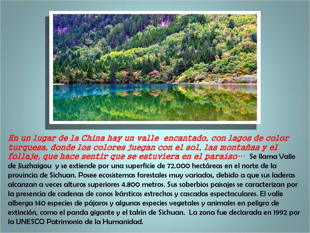 En un lugar de la China hay un valle encantado, con lagos de color turquesa, donde los colores juegan con el sol, las montañas y el follaje, que hace sentir que se estuviera en el paraíso… Se llama Valle de Jiuzhaigou y se extiende por una superficie de hectáreas en el norte de la provincia de Sichuan.