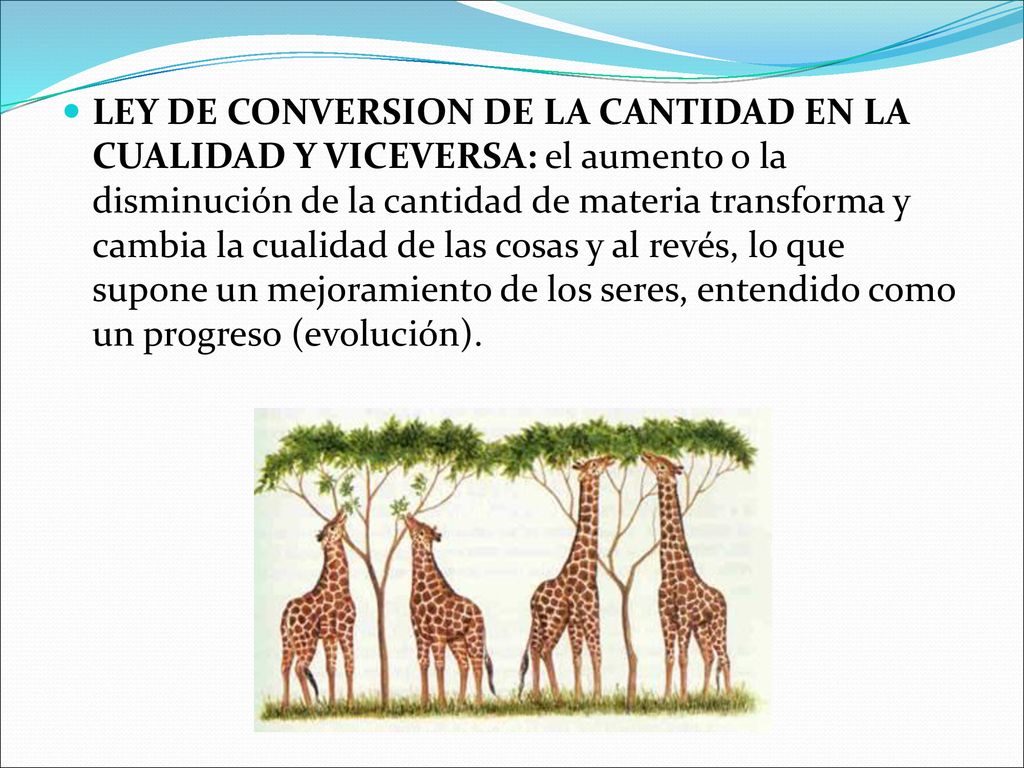 LEY DE CONVERSION DE LA CANTIDAD EN LA CUALIDAD Y VICEVERSA: el aumento o la disminución de la cantidad de materia transforma y cambia la cualidad de las cosas y al revés, lo que supone un mejoramiento de los seres, entendido como un progreso (evolución).