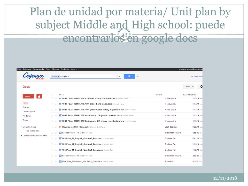 Plan de unidad por materia/ Unit plan by subject Middle and High school: puede encontrarlos en google docs