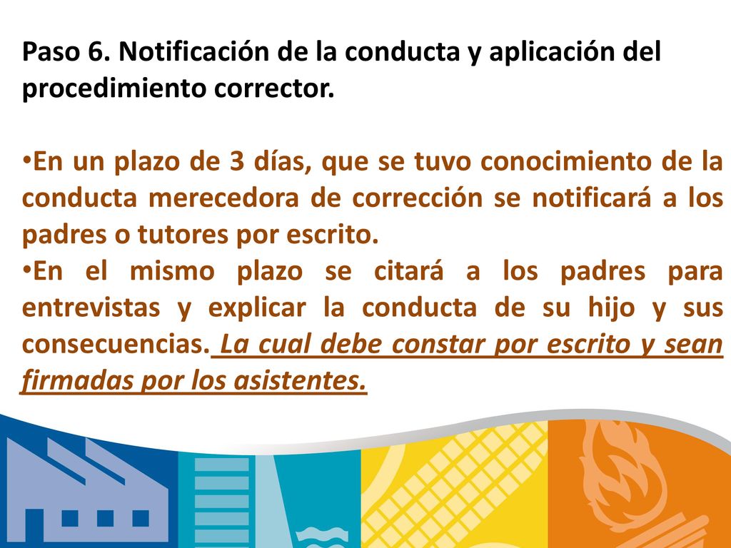 Paso 6. Notificación de la conducta y aplicación del procedimiento corrector.