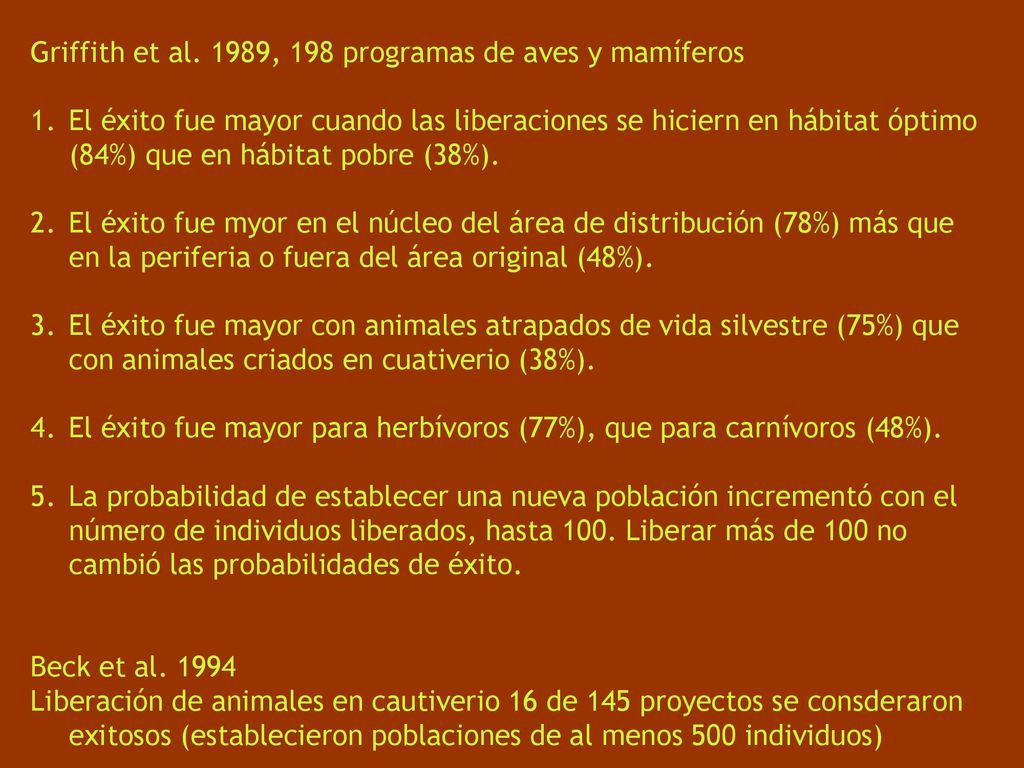 Griffith et al. 1989, 198 programas de aves y mamíferos