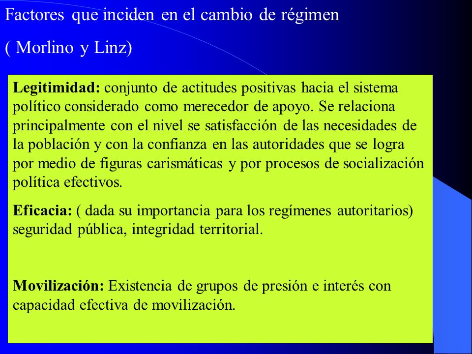Factores que inciden en el cambio de régimen ( Morlino y Linz)