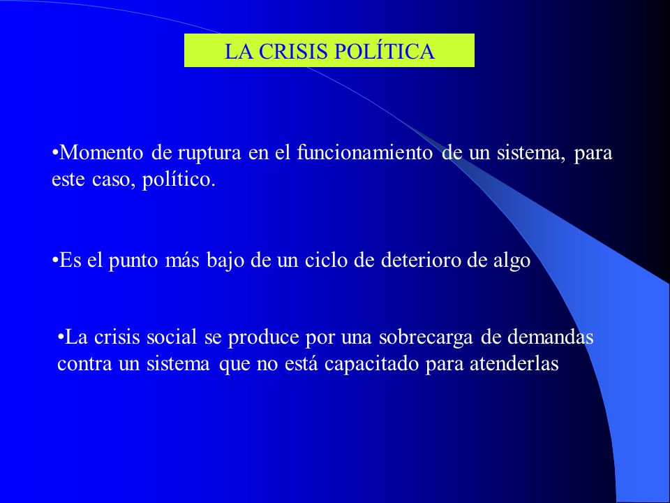 LA CRISIS POLÍTICA Momento de ruptura en el funcionamiento de un sistema, para este caso, político.