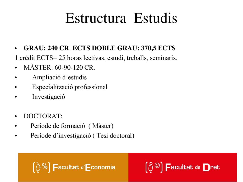 Estructura Estudis GRAU: 240 CR. ECTS DOBLE GRAU: 370,5 ECTS