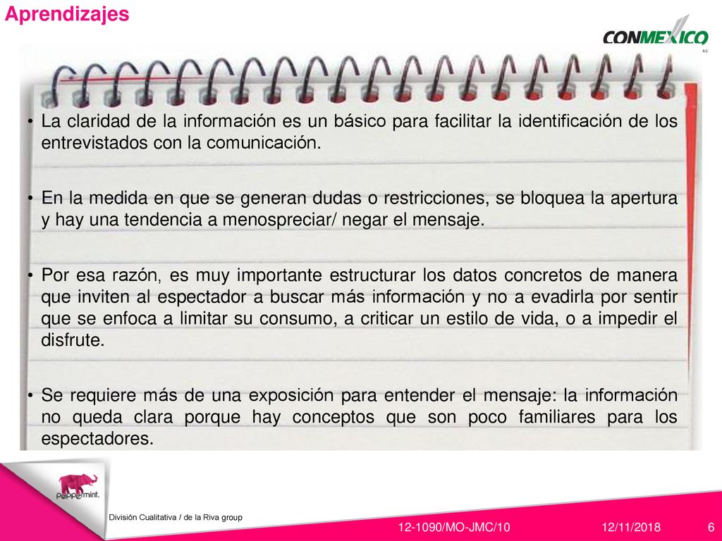Aprendizajes La claridad de la información es un básico para facilitar la identificación de los entrevistados con la comunicación.