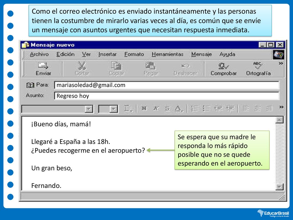 Como el correo electrónico es enviado instantáneamente y las personas tienen la costumbre de mirarlo varias veces al día, es común que se envíe un mensaje con asuntos urgentes que necesitan respuesta inmediata.