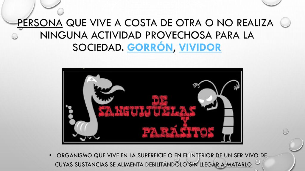 Persona que vive a costa de otra o no realiza ninguna actividad provechosa para la sociedad. gorrón, vividor