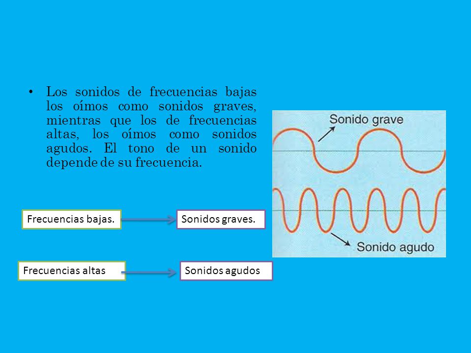 Los sonidos de frecuencias bajas los oímos como sonidos graves, mientras que los de frecuencias altas, los oímos como sonidos agudos. El tono de un sonido depende de su frecuencia.