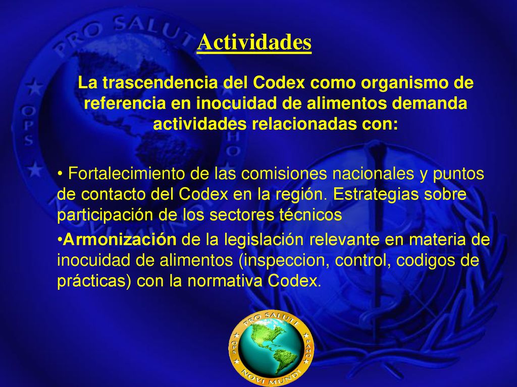 Actividades La trascendencia del Codex como organismo de referencia en inocuidad de alimentos demanda actividades relacionadas con: