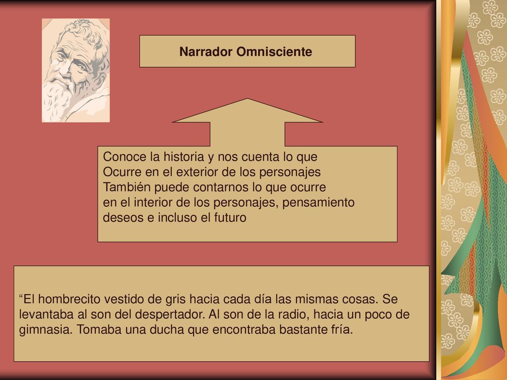 Narrador Omnisciente Conoce la historia y nos cuenta lo que. Ocurre en el exterior de los personajes.
