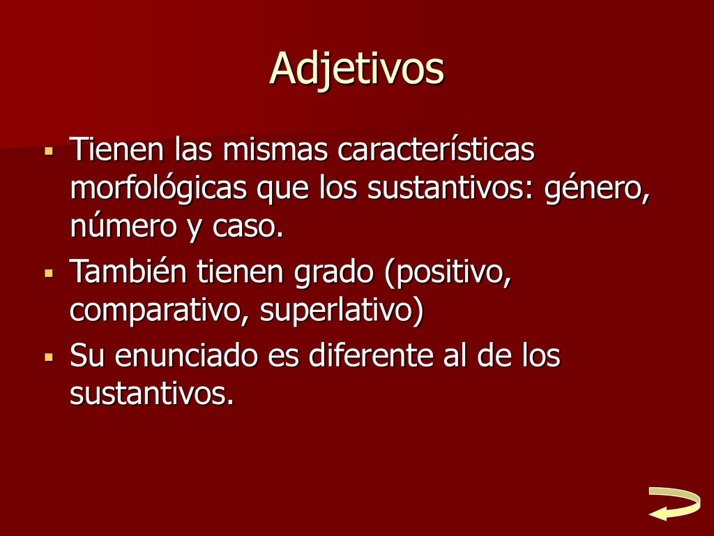Adjetivos Tienen las mismas características morfológicas que los sustantivos: género, número y caso.