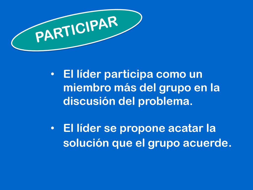 PARTICIPAR El líder participa como un miembro más del grupo en la discusión del problema.