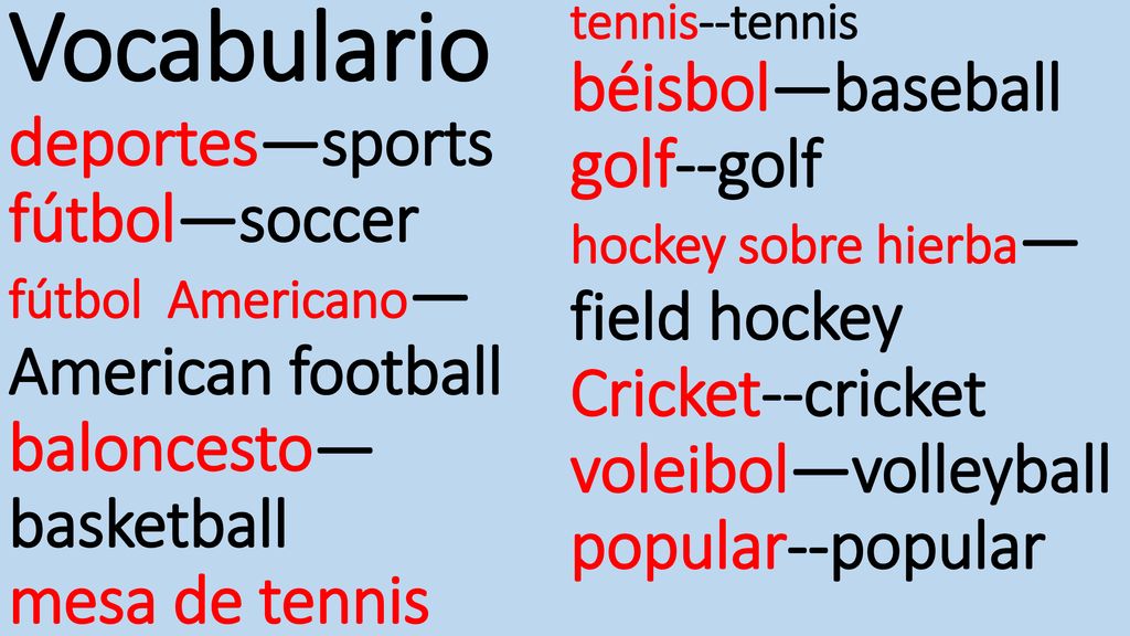 Vocabulario deportes—sports fútbol—soccer fútbol Americano—American football baloncesto—basketball mesa de tennis tennis--tennis béisbol—baseball golf--golf hockey sobre hierba—field hockey Cricket--cricket voleibol—volleyball popular--popular