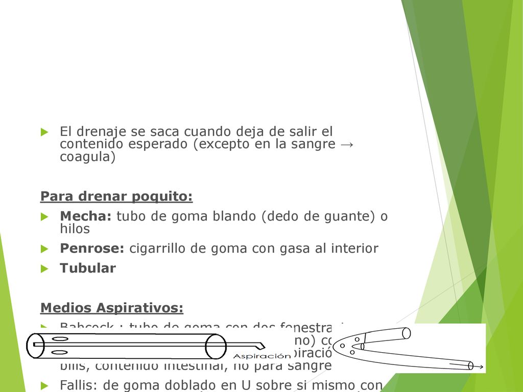 El drenaje se saca cuando deja de salir el contenido esperado (excepto en la sangre → coagula)