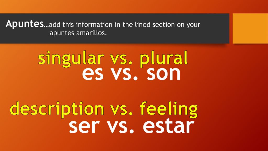 es vs. son ser vs. estar singular vs. plural description vs. feeling