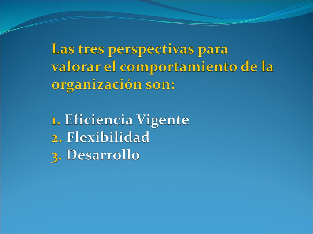 Las tres perspectivas para valorar el comportamiento de la organización son: 1.