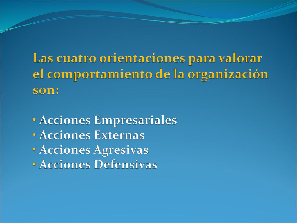 Las cuatro orientaciones para valorar el comportamiento de la organización son: • Acciones Empresariales • Acciones Externas • Acciones Agresivas • Acciones Defensivas