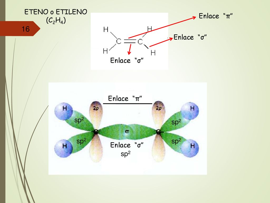 ETENO o ETILENO (C2H4) Enlace π Enlace σ Enlace σ Enlace π sp2. sp2. sp2. sp2. Enlace σ