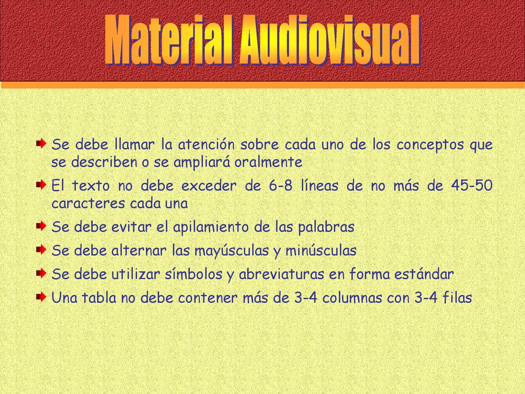 Material Audiovisual Se debe llamar la atención sobre cada uno de los conceptos que se describen o se ampliará oralmente.