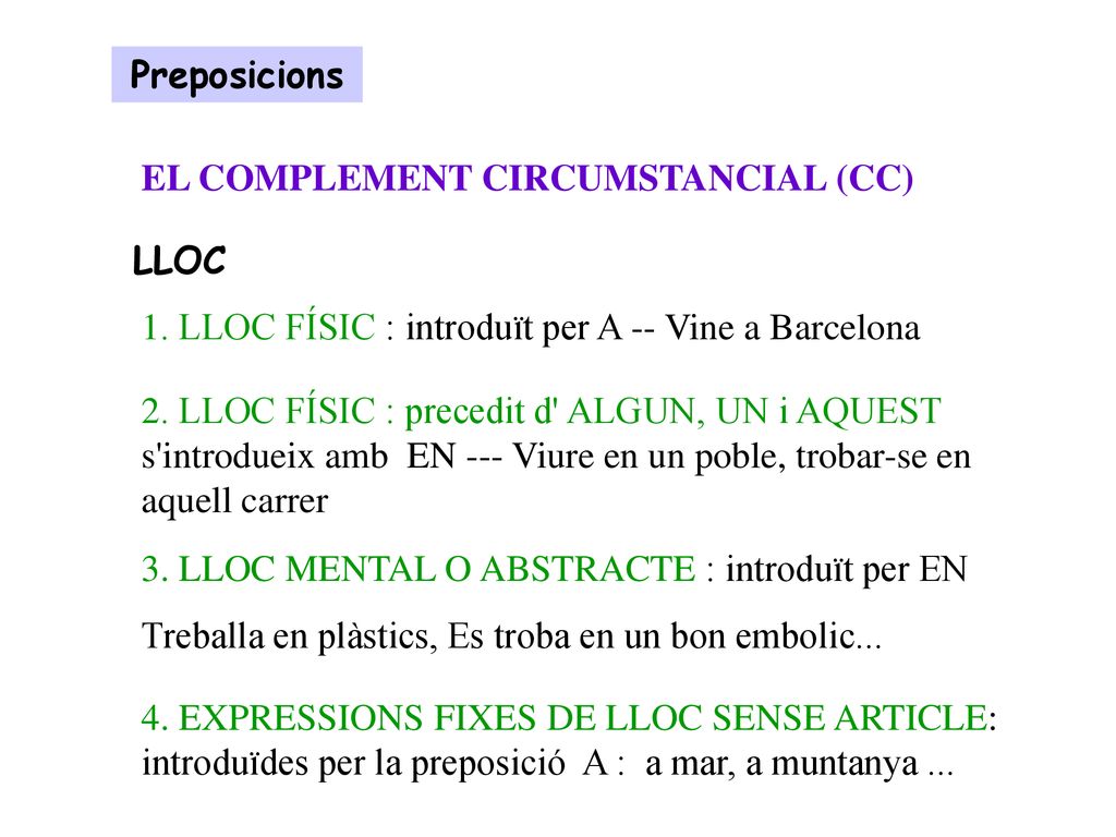 Preposicions EL COMPLEMENT CIRCUMSTANCIAL (CC) LLOC. 1. LLOC FÍSIC : introduït per A -- Vine a Barcelona.