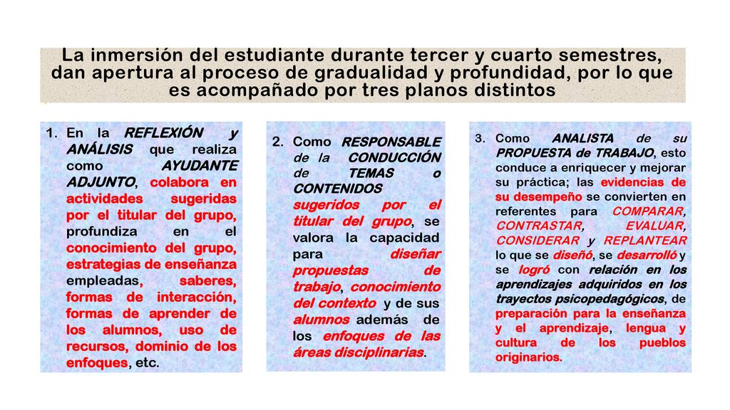 La inmersión del estudiante durante tercer y cuarto semestres, dan apertura al proceso de gradualidad y profundidad, por lo que es acompañado por tres planos distintos