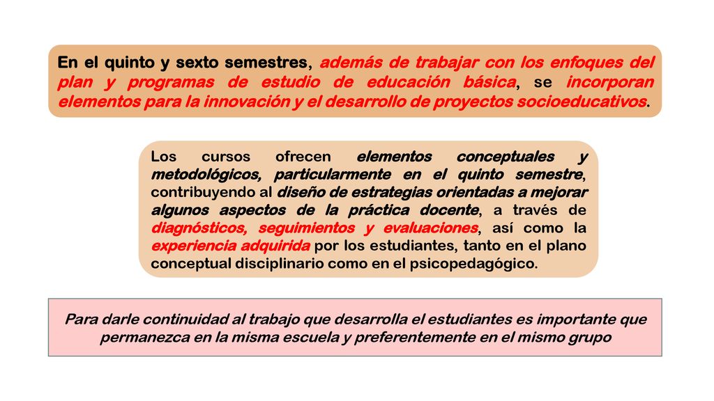 En el quinto y sexto semestres, además de trabajar con los enfoques del plan y programas de estudio de educación básica, se incorporan elementos para la innovación y el desarrollo de proyectos socioeducativos.