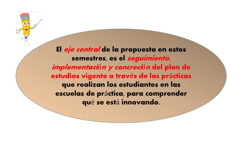 El eje central de la propuesta en estos semestres, es el seguimiento, implementación y concreción del plan de estudios vigente a través de las prácticas que realizan los estudiantes en las escuelas de práctica, para comprender qué se está innovando.