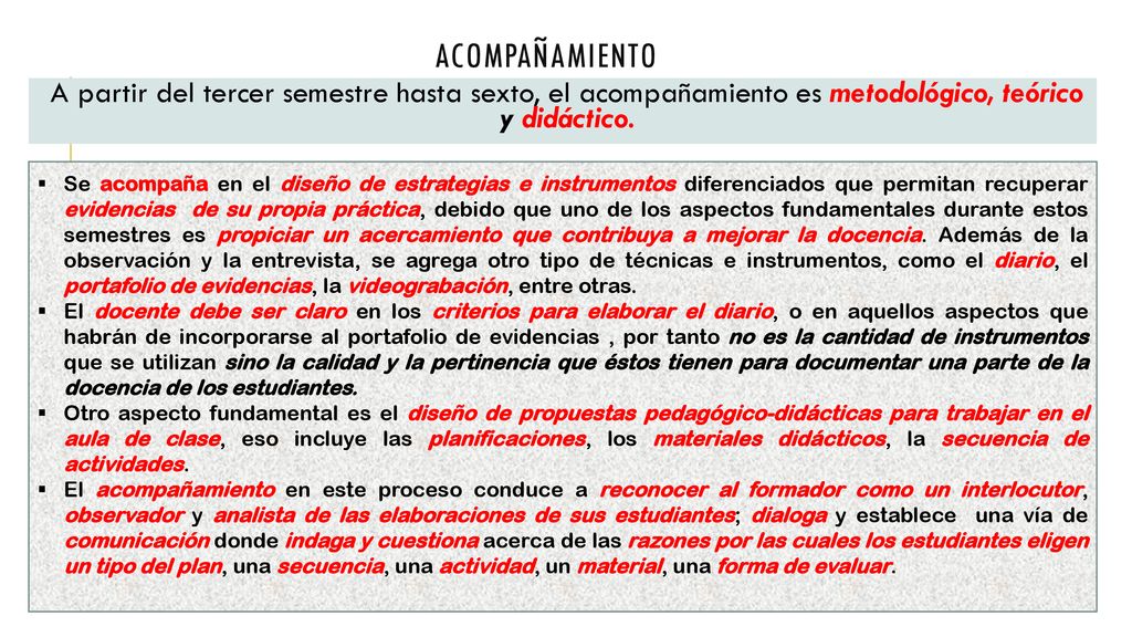 ACOMPAÑAMIENTO A partir del tercer semestre hasta sexto, el acompañamiento es metodológico, teórico y didáctico.