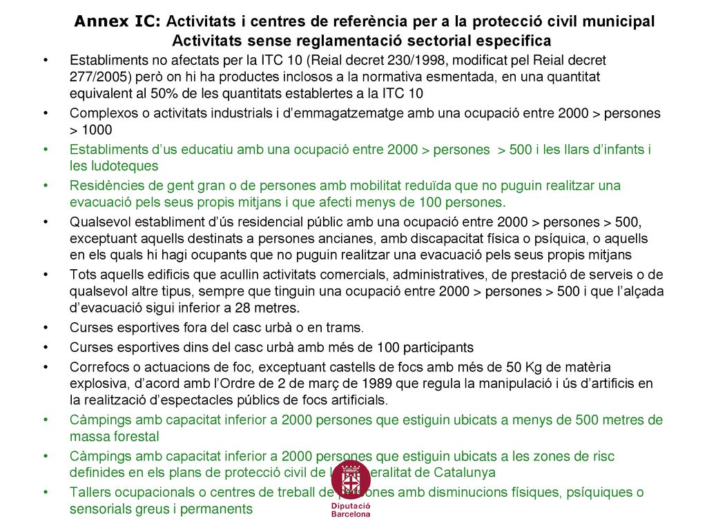 Annex IC: Activitats i centres de referència per a la protecció civil municipal Activitats sense reglamentació sectorial especifica