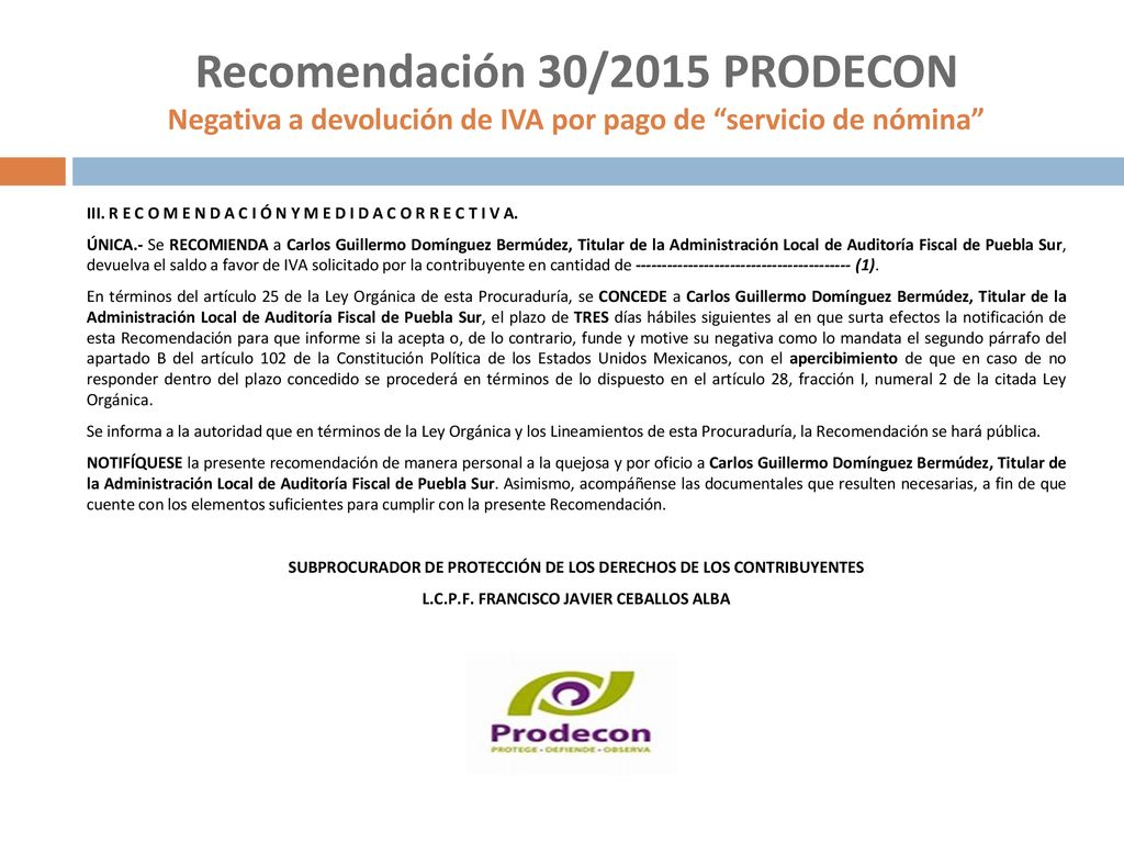 Recomendación 30/2015 PRODECON Negativa a devolución de IVA por pago de servicio de nómina