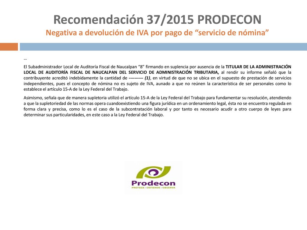 Recomendación 37/2015 PRODECON Negativa a devolución de IVA por pago de servicio de nómina