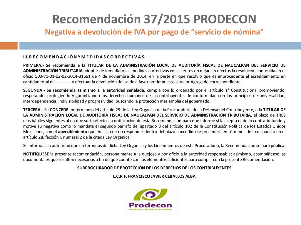 Recomendación 37/2015 PRODECON Negativa a devolución de IVA por pago de servicio de nómina