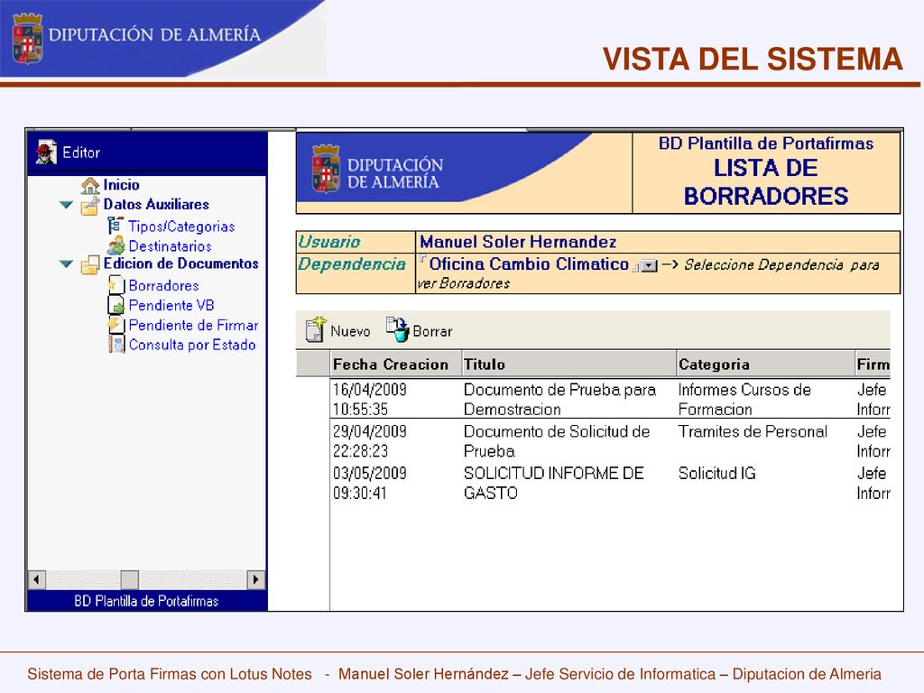 VISTA DEL SISTEMA Sistema de Porta Firmas con Lotus Notes - Manuel Soler Hernández – Jefe Servicio de Informatica – Diputacion de Almeria.