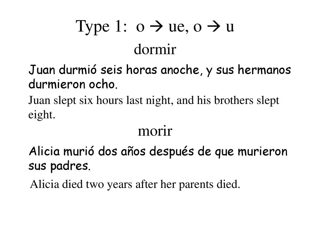 Type 1: o  ue, o  u dormir morir