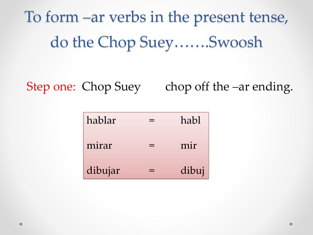 To form –ar verbs in the present tense, do the Chop Suey…….Swoosh