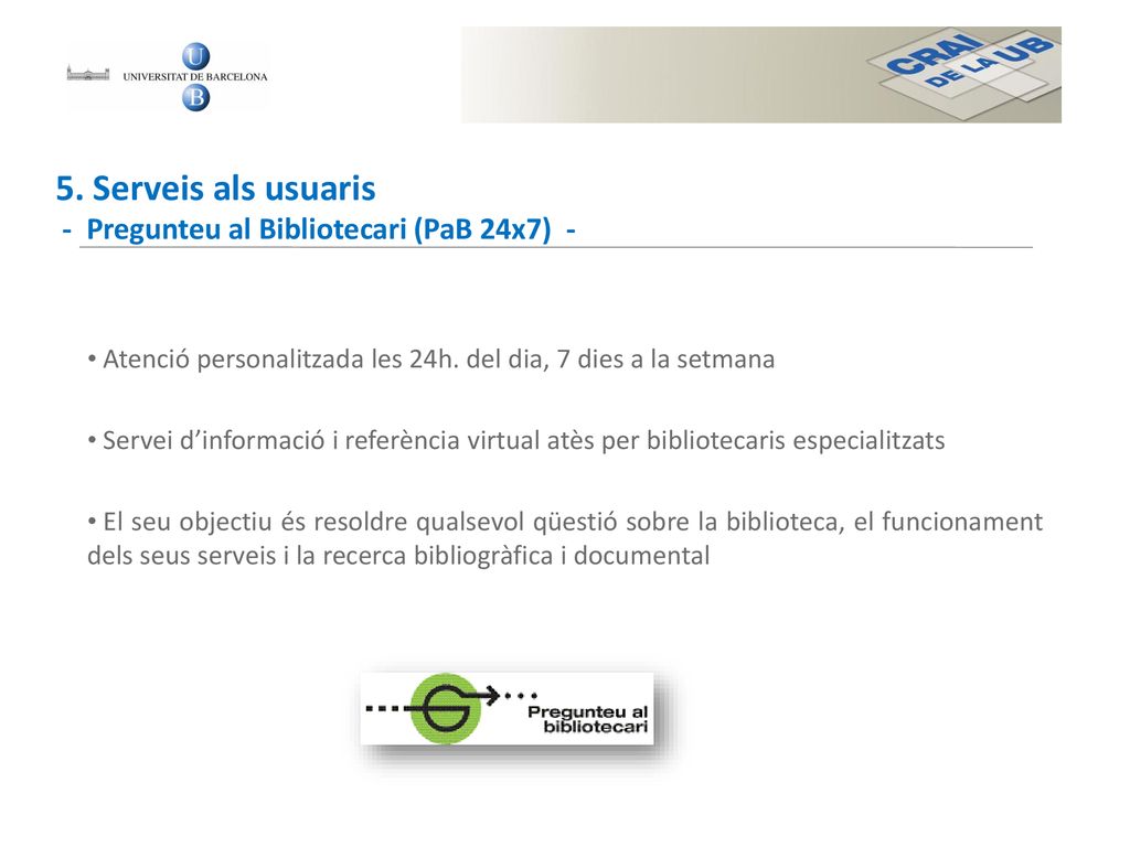 5. Serveis als usuaris - Pregunteu al Bibliotecari (PaB 24x7) -