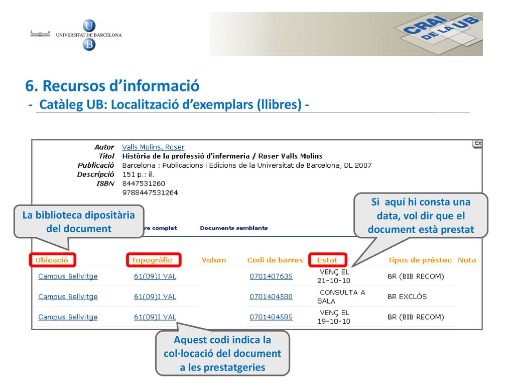 6. Recursos d’informació - Catàleg UB: Localització d’exemplars (llibres) -