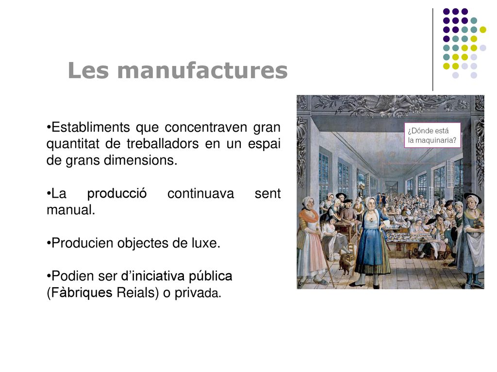 Les manufactures Establiments que concentraven gran quantitat de treballadors en un espai de grans dimensions.
