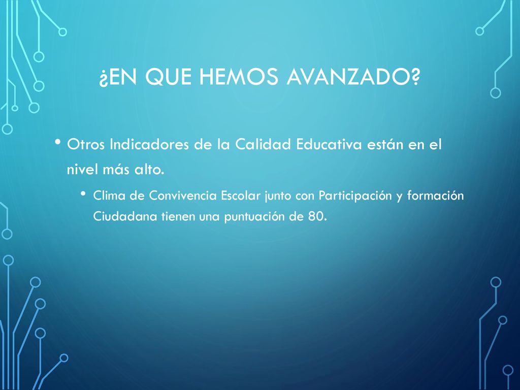 ¿EN QUE HEMOS AVANZADO Otros Indicadores de la Calidad Educativa están en el nivel más alto.