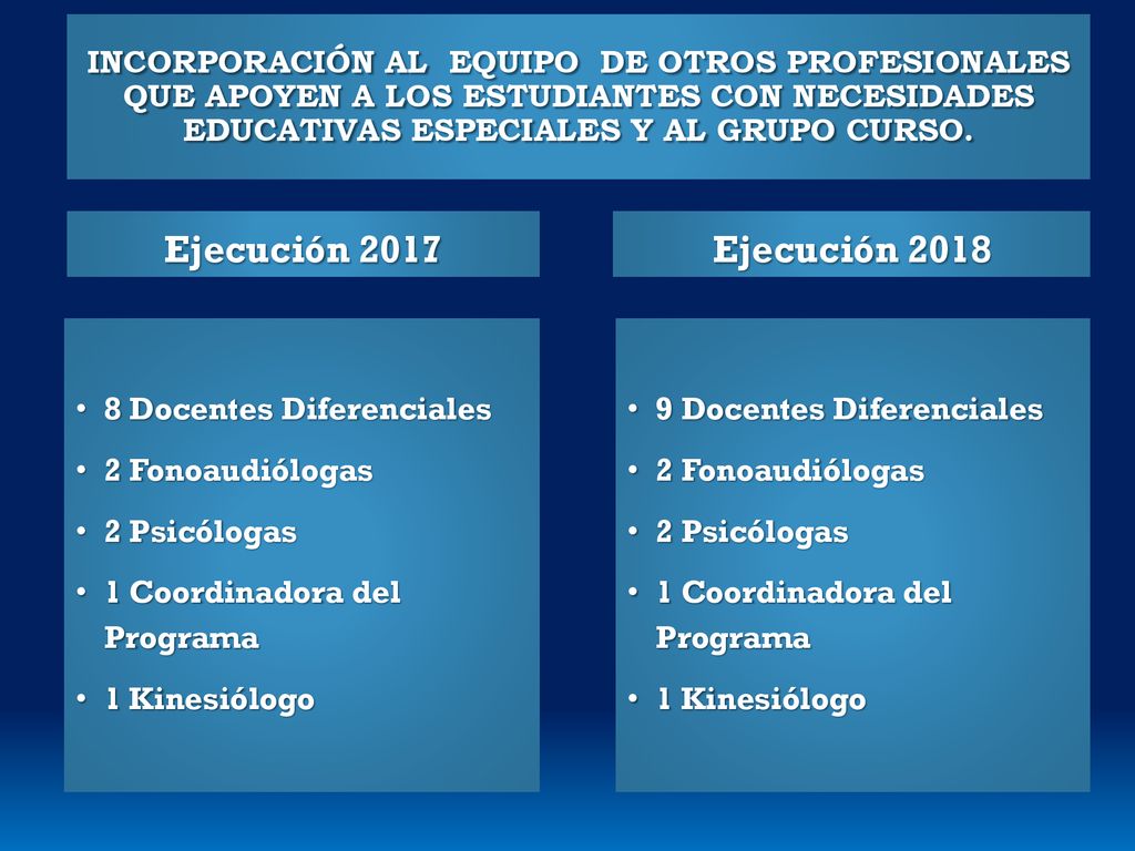 Incorporación al Equipo de otros profesionales que apoyen a los estudiantes con Necesidades Educativas Especiales y al grupo curso.